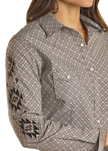 Panhandle - Womens Brown Diamond Print Button Down Shirt