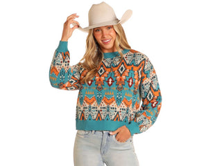 Rock & Roll Denim Women's All Over Aztec Sweater - Blue