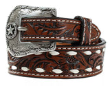 3D Western Boys Belt Youth Tooled Floral Bucklace Stitch Brown