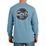 Cinch men's blue long sleeve tee featuring Cinch logo graphic for stylish western wear.