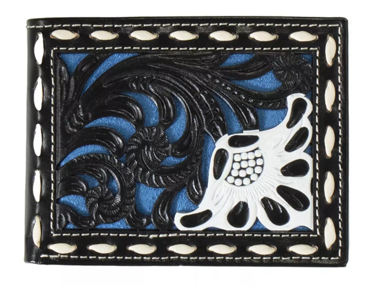 Nocona Western Mens Wallet Bifold Leather Blue Underlay Floral Black