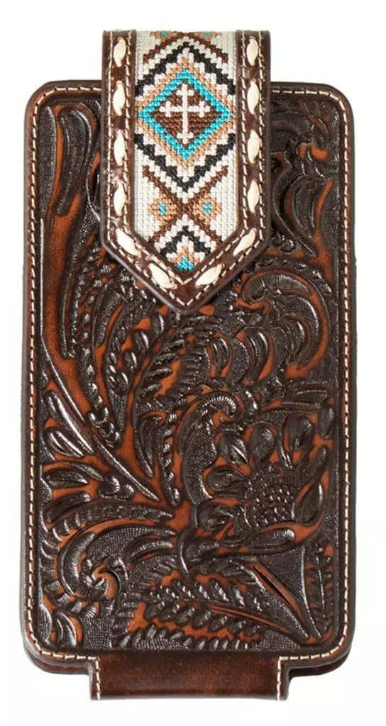 Nocona Phone Case Holder Leather Embossed Floral Embroidered Cross Brown