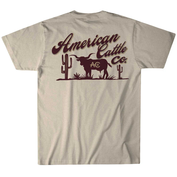 Back view of American Cattle Company Shadow Horn Tee featuring a longhorn silhouette and desert cactus design.